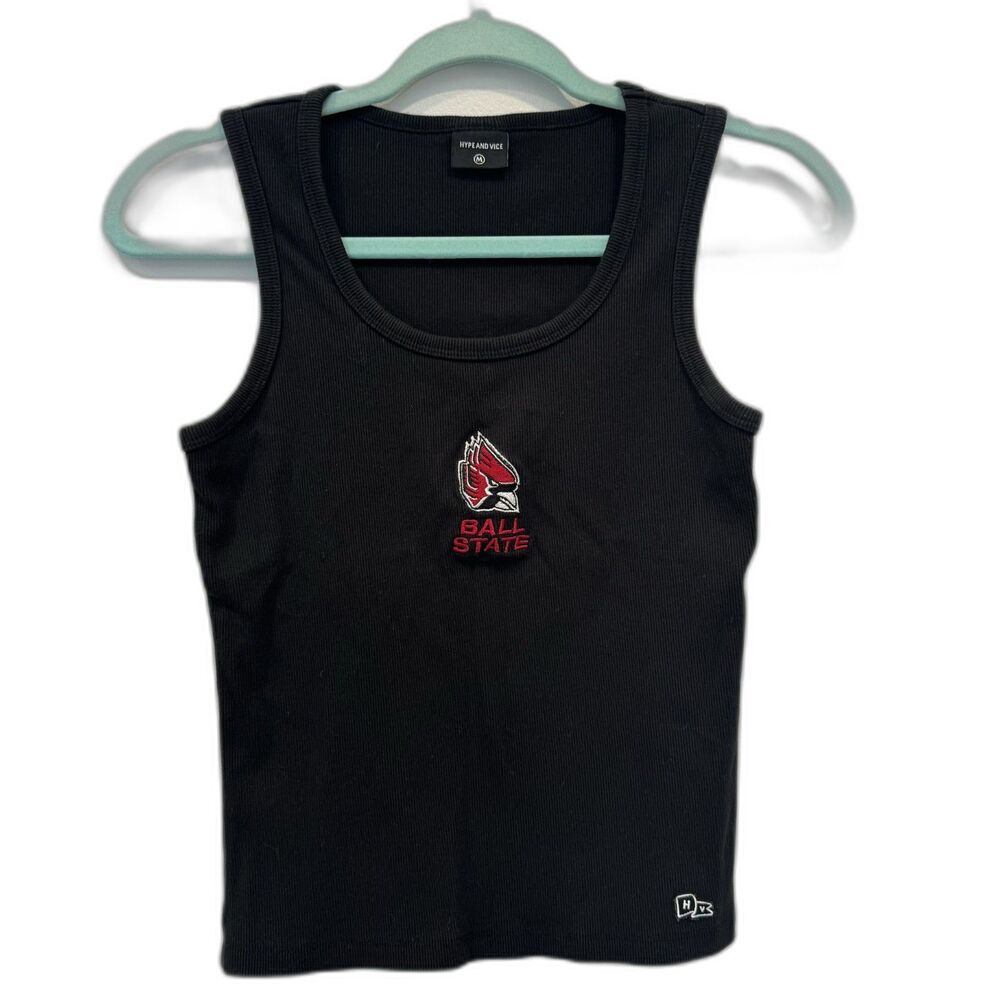 Hype and Vice Tank Top Ball State Embroidered Logo Ribbed Women sz Medium Black